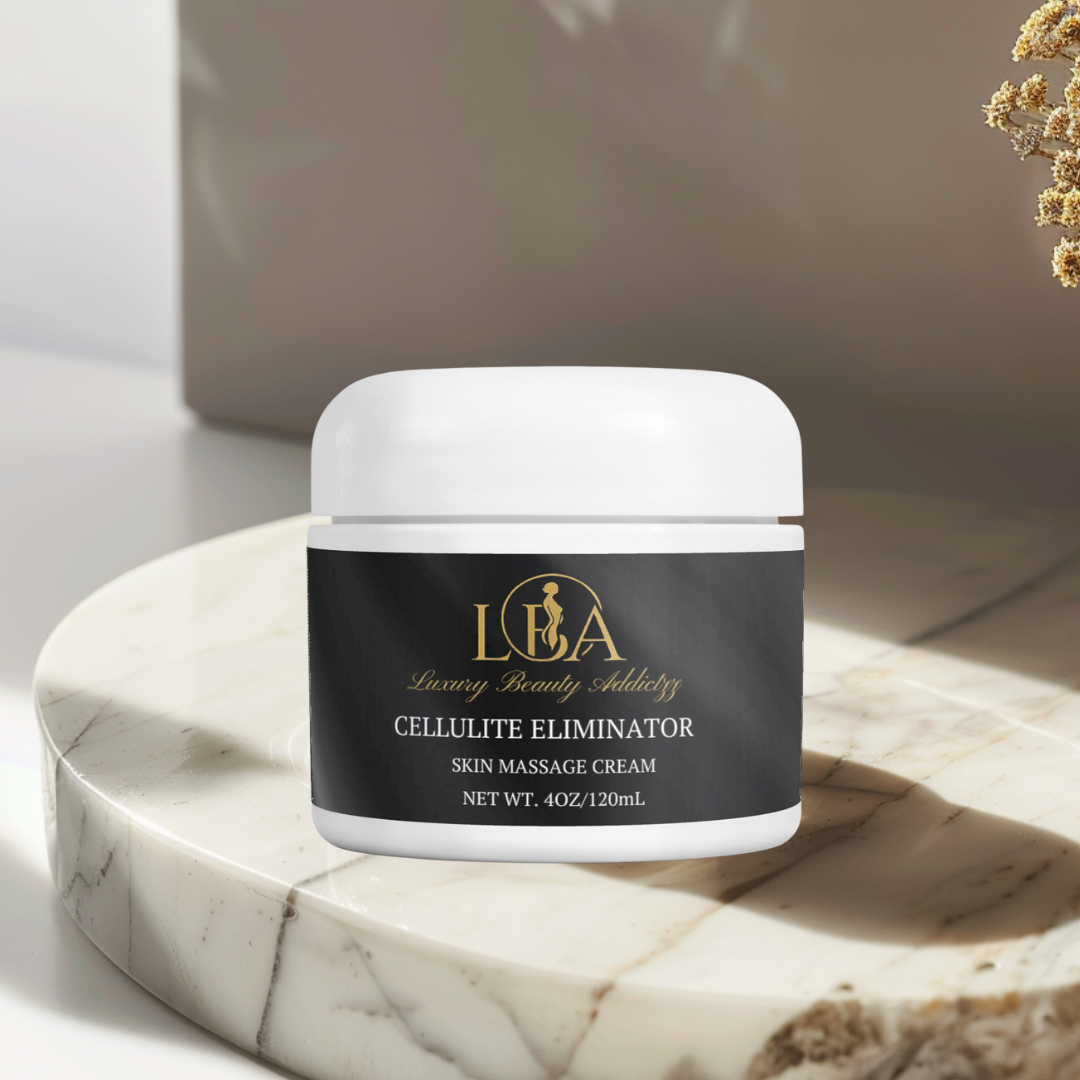 Jar of LBA Cellulite Eliminator cream on a marble surface with a neutral background