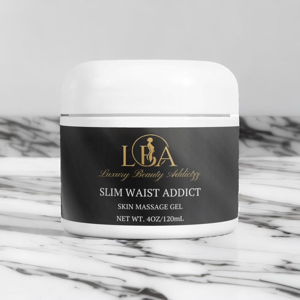 Jar of 'Slim Waist Addict' skin massage gel on a marble surface