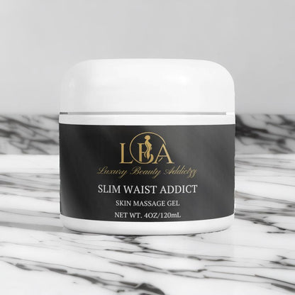 Jar of 'Slim Waist Addict' skin massage gel on a marble surface
