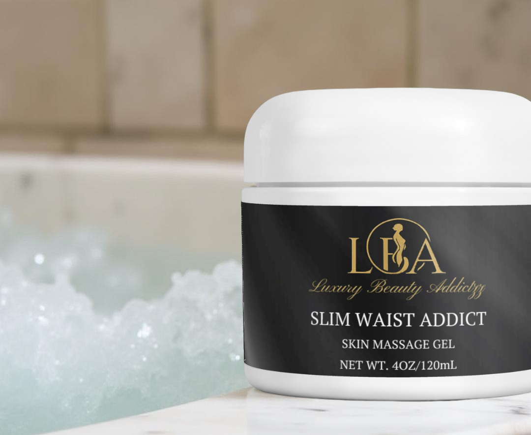 Jar of 'Slim Waist Addict' skin massage gel with a blurred bathtub background