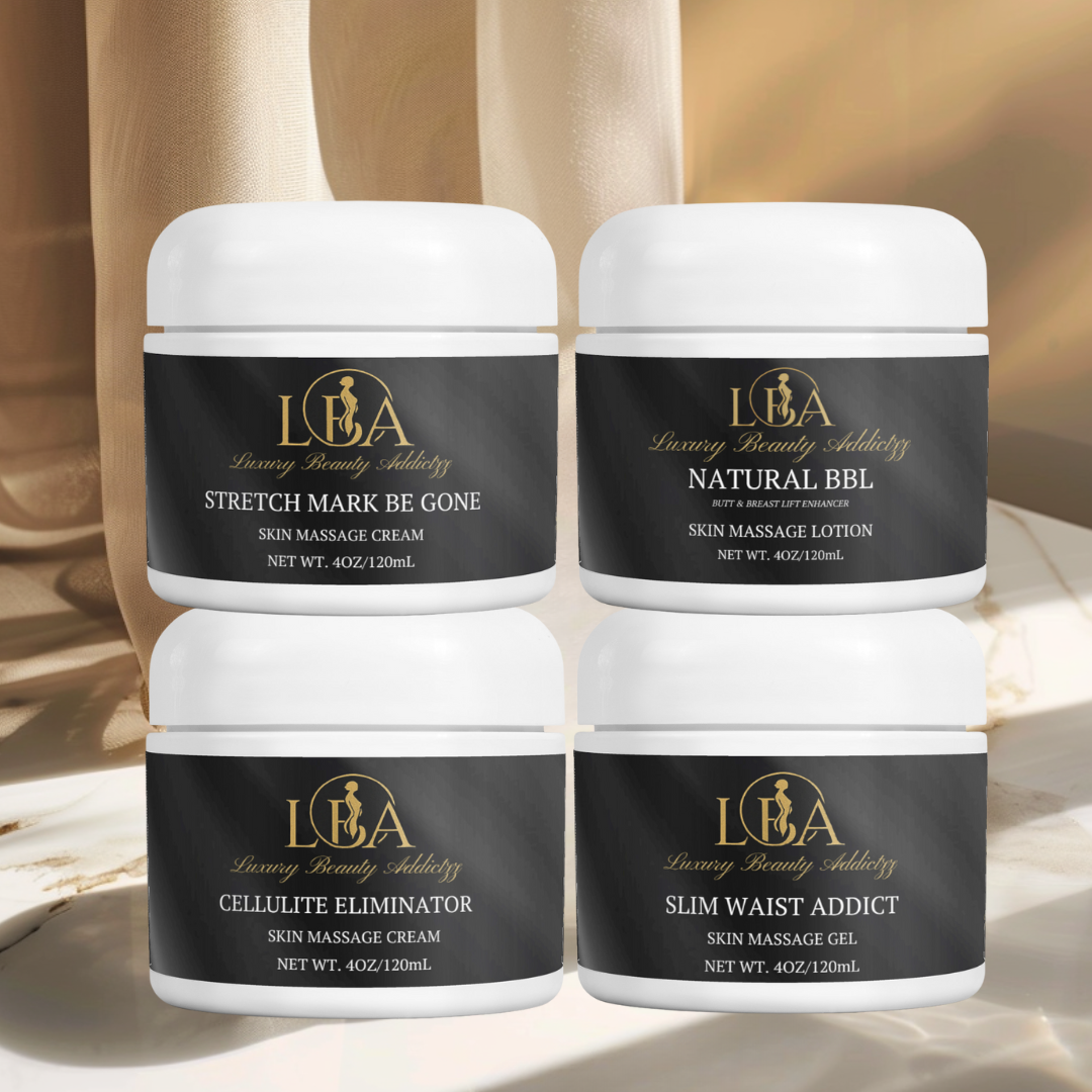Four skincare products from Luxury Beauty Addictzz on a neutral background