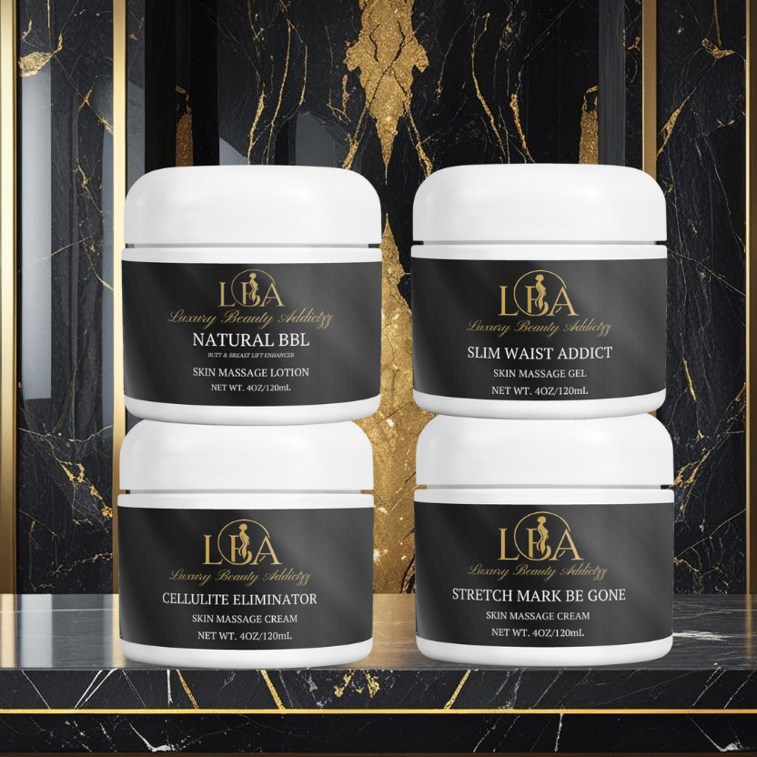 Set of LBA skincare products on a black marble surface with gold accents.